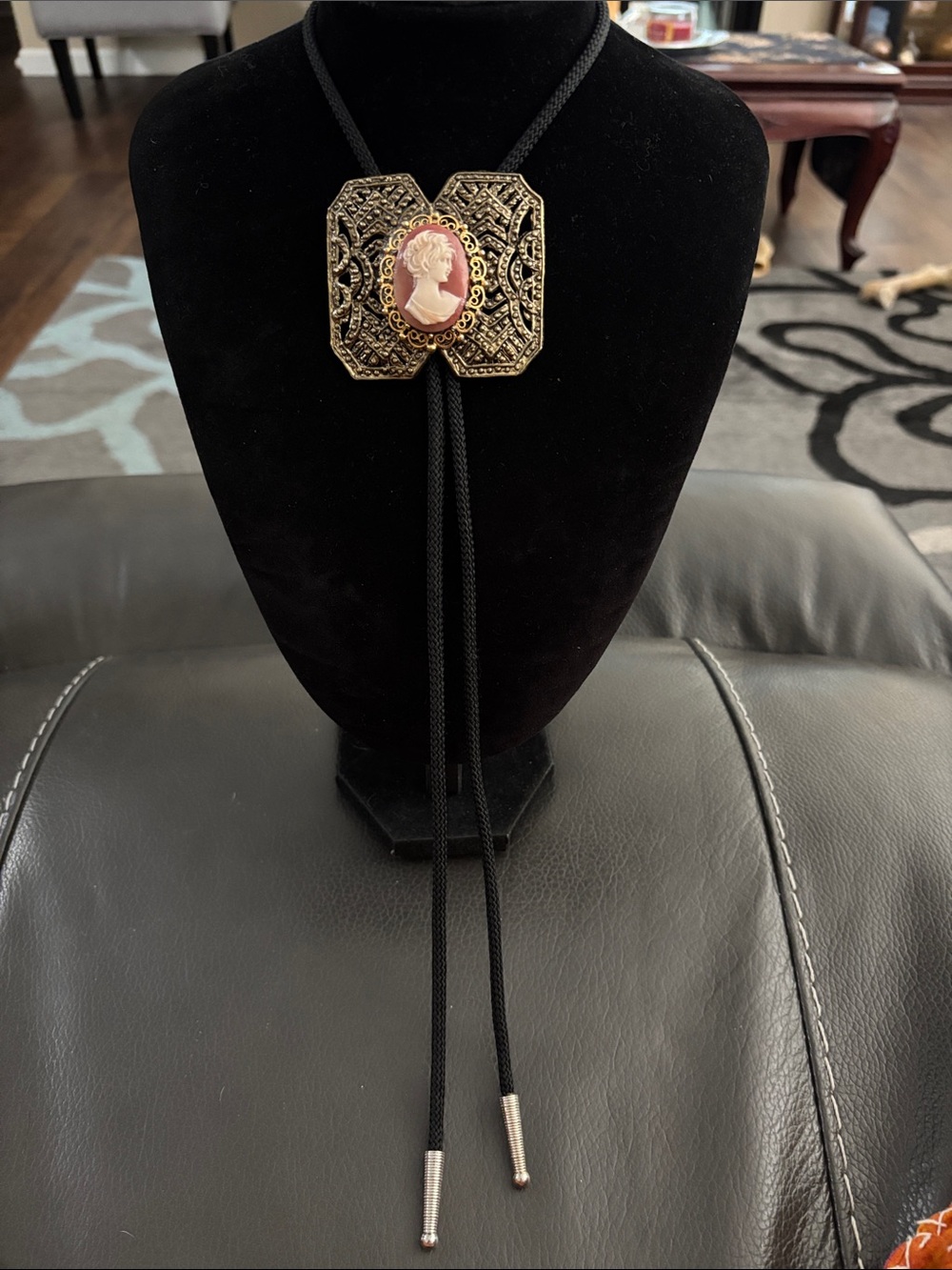 VERY UNIQUE Black Bolo Tie with Cameo and Gold Tone Filigree